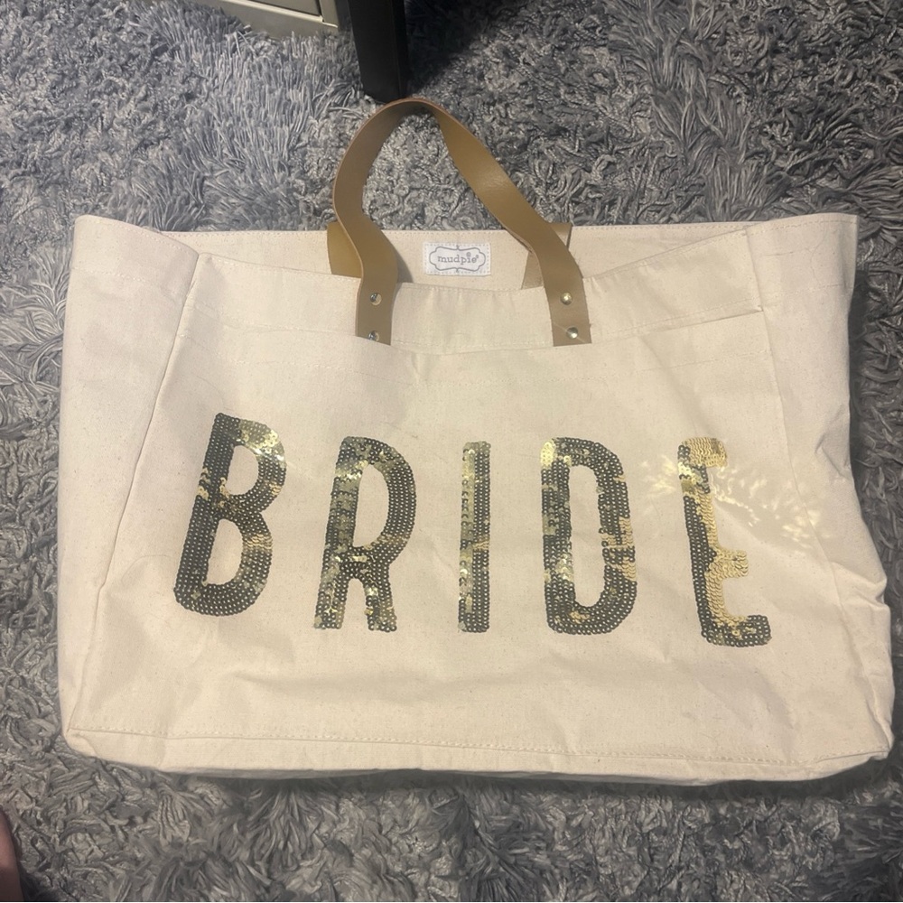 Mud Pie Bride Canvas Tote with Gold and Tan Handles